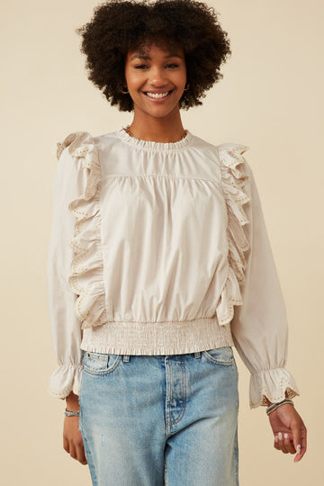 HY7431 TAUPE Womens Scallop Lace Detail Ruffled Poplin Top Front